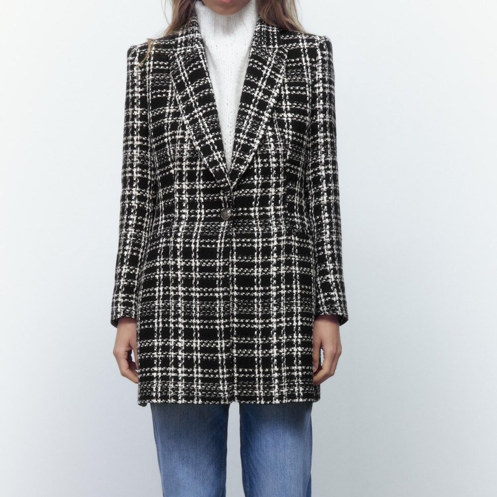 Zara Long Structured Wool Blazer - Black/White - S
